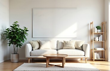 White living room interior design concept. Modern sofa with beige cushions, wooden coffee table. Empty frame on wall with sunlight casting shadows. Plant in corner. Wooden bookcase with decor