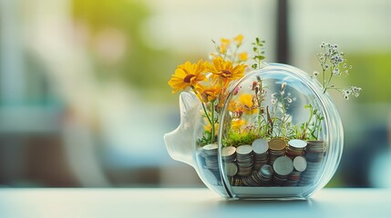 Naklejka premium Piggy bank with coins & flowers, outdoor background, financial growth concept