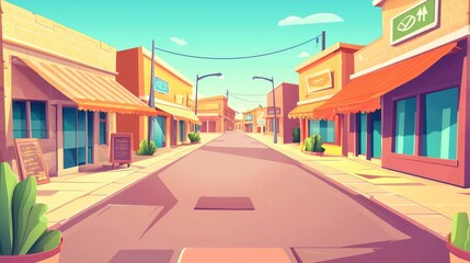 Obraz premium A Cartoon Depiction of a Sunny Street Lined with Shops