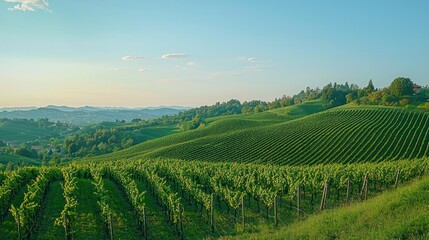A scenic view of rolling grape vineyard hills, with rows of lush vines under a clear blue sky.