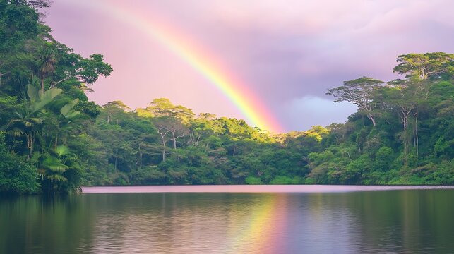 Rainforest lake rainbow sunset reflection nature