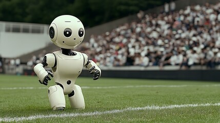 Robot soccer player on field, spectators cheering
