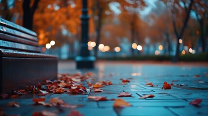 Autumnal Park Bench: A Serene Evening
