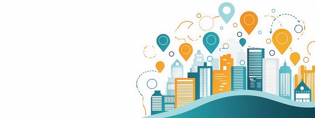 Obraz premium Urban Landscape with Location Markers and Waves