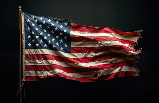 Torn American flag hangs from weathered pole. Fabric ripped, tattered. Flag appears to old, worn from time, use. Image symbolic of national pride, sacrifice. Flag shows damage from time use.