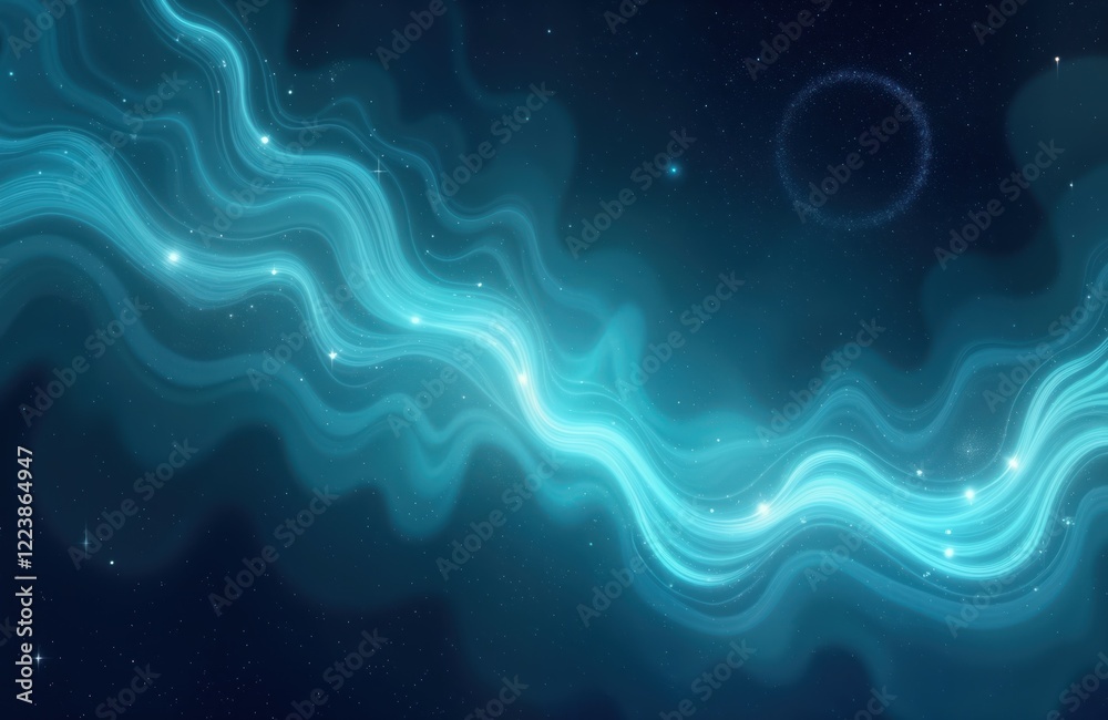 Poster Abstract cosmic energy streams create serene space background. Glowing turquoise lines flow across dark night sky. Stars scattered across. Ideal cosmic wallpaper background for books products.