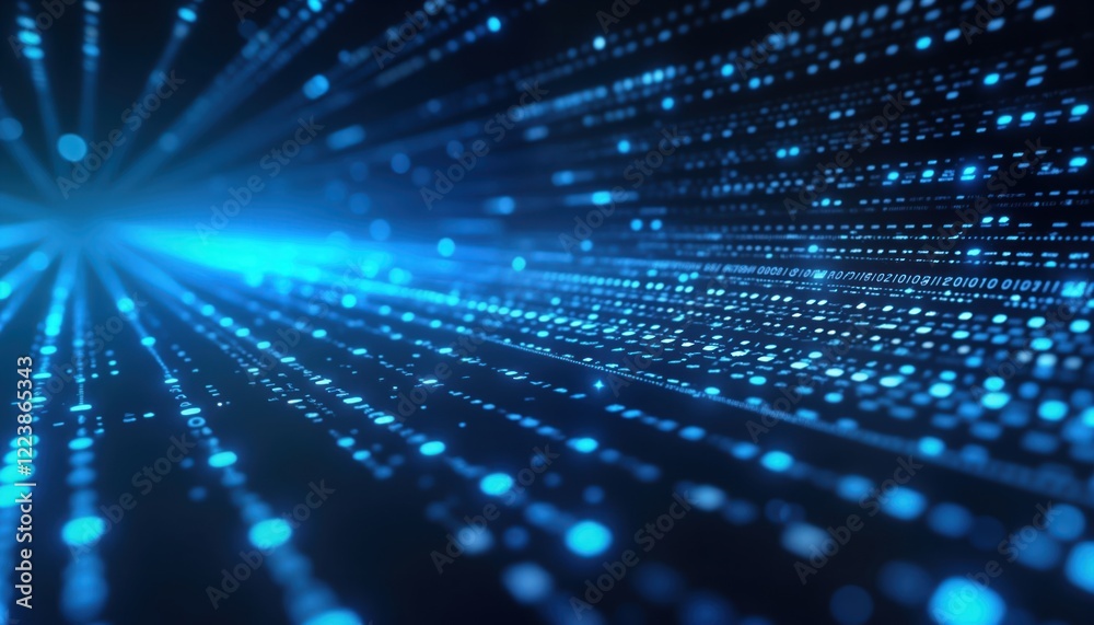 Poster Abstract digital binary code stream. Futuristic data flow. Dynamic blue light pattern on dark blue background. Information processing concept. Modern technology, business analytics. Cybersecurity,