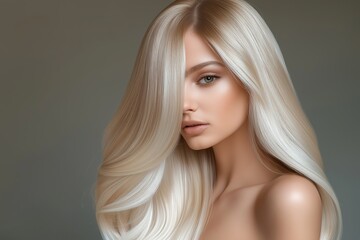 Portrait of a blonde with long curls. Closed part of the face.