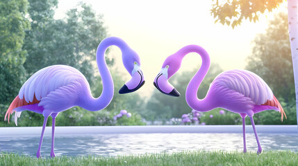 Two colorful flamingos stand facing each other by a shimmering pond, surrounded by lush greenery and soft sunlight, creating a serene and romantic atmosphere.