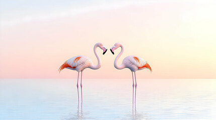 Naklejka premium Two elegant flamingos stand gracefully in calm waters, forming a heart shape with their necks against a soft pastel sunset backdrop.