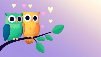 Two colorful cartoon owls perched on a branch, surrounded by floating hearts against a soft purple background.
