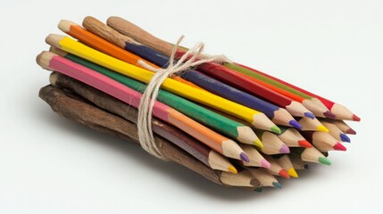 Fototapeta premium A bundle of colorful pencils tied together with twine, ready for creative expression.
