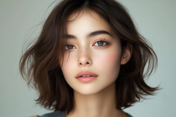 Fototapeta premium Minimalist Portrait of a Beautiful Woman with Black Hair in Soft Natural Lighting