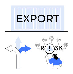 Container labeled EXPORT, diverging arrows for choices, magnifying glass over RISK icons. Ideal for logistics, global trade, decision-making, business strategy, market analysis, risk management