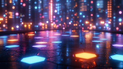 Fototapeta premium Futuristic Cityscape Night Scene Illuminated Hexagonal Pavement Reflecting Neon Lights