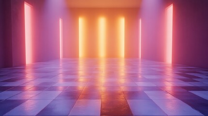 Futuristic Neon Corridor with Purple and Orange Glowing Lights Abstract Interior Design