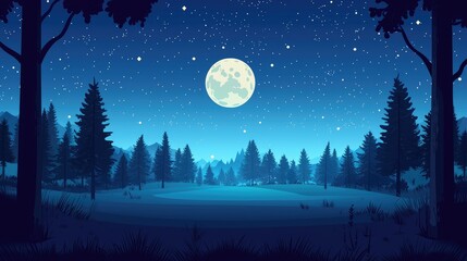 Naklejka premium Full Moon Illuminating a Silhouetted Forest at Night