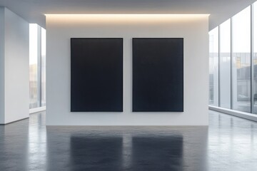 Minimalist Art Gallery Interior with Black Canvases and Diffused Lighting