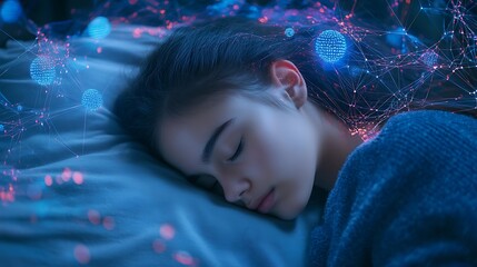 Teen girl sleeping soundly, dreaming, neural network overlay