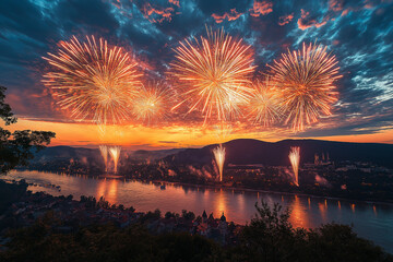 Fireworks Cascading from a Hilltop with a Panoramic View, Lighting Up the Sky and Creating a Magical Celebration