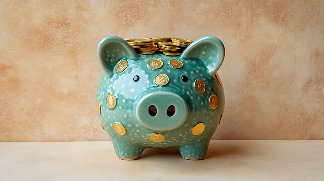 Teal piggy bank filled with gold coins on beige background; saving money concept