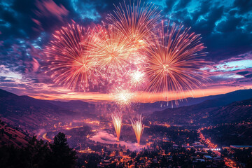 Fireworks Cascading from a Hilltop with a Panoramic View, Creating a Stunning Display Against the Night Sky