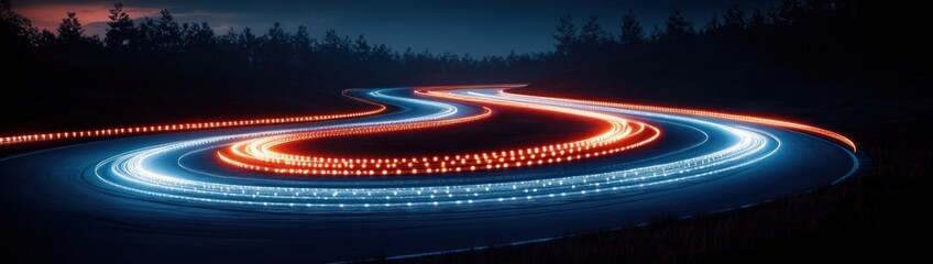 Night Race Track with LED Lights and Mountains in the Background