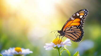 Fototapeta premium Monarch butterfly on a daisy in a sunlit garden.