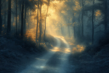 Obraz premium A Forest Trail in the Early Morning with the Soft Glow of Sunlight Filtering Through the Trees