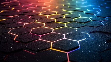 Obraz premium Abstract Hexagon Pattern with Rainbow Neon Lights Glowing Geometric Background