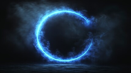 Glowing Blue Neon Circle in Smoke Abstract Dark Mystical Background
