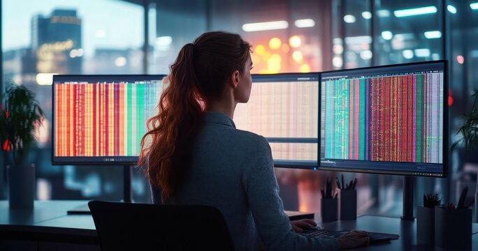 Medical Coding and Billing Analysis in Modern Office Environment with Dual Monitors and Ambient Lighting