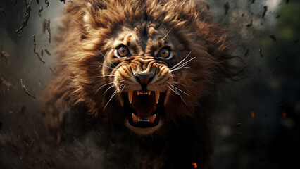 Fierce Roaring Lion Amidst Flying Dust And Leaves