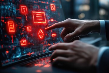 Cyber Attack Warning and Data Breach Alert Businessman with Holographic Security Interface