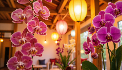 Orchids blooming in a vibrant indoor setting, Orchid display