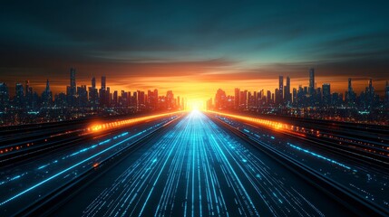 Obraz premium Futuristic Highway Leading to Illuminated City at Sunset Digital Data Stream Road