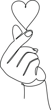 Korean Love Sign Hand Gesture | Minimalist One Line Drawing | Heart Finger Sign Illustration | Romantic Digital Art Elegant one-line drawing of a hand making the Korean "love sign" with a heart. 