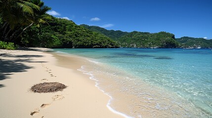 Fototapeta premium Secluded tropical beach with footprints in the sand, clear turquoise water, and lush green hills.