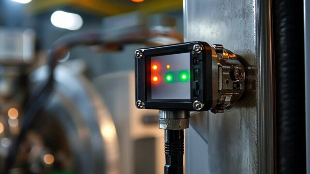 Programmable logic controller showing green and orange lights, monitoring production line in factory, ensuring smooth operation and quality control