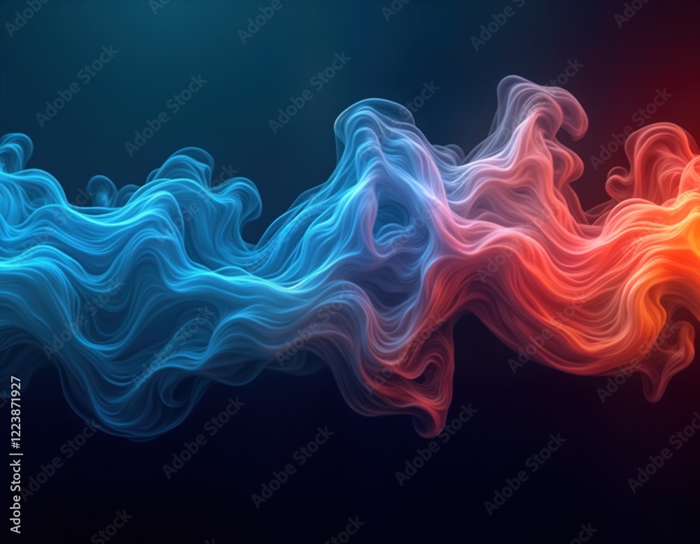 Poster abstract design shows dynamic blue, red swirling smoke on dark background. fluid movement creates my