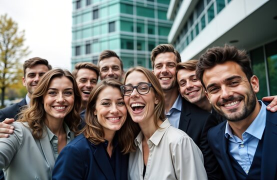 Happy business team taking selfie outside office building. Successful startup team celebrates meeting outdoors. Joyful professionals pose together. Celebration of teamwork. Business people look