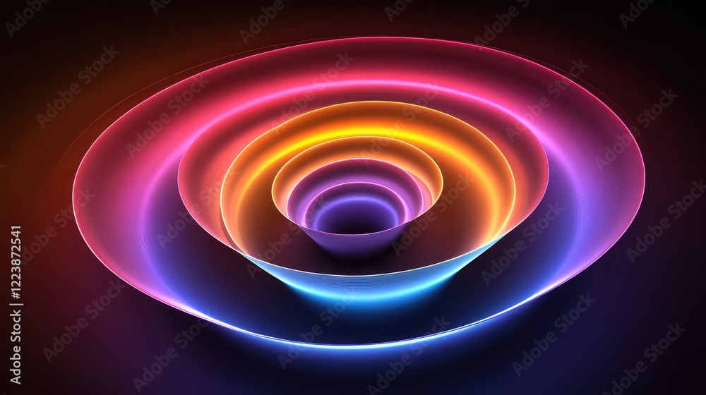 Poster abstract neon rings stacked in multiple colors, creating a hypnotic tunnel effect with infinite dept