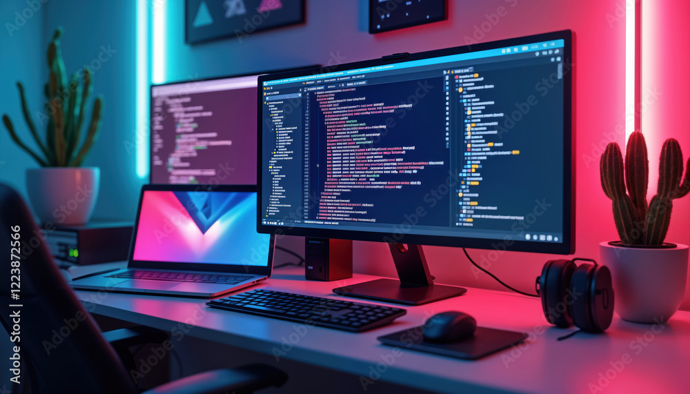Aufkleber Programmer works on software project. Modern tech devices in home office. Developer coding on multiple monitors. Laptop computer displays tech themes. Scene portrays digital innovation. Night time