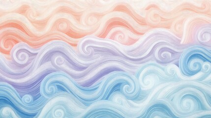 Abstract pastel waves in shades of peach, baby blue, and lavender, blending seamlessly to form a soft and harmonious pattern.