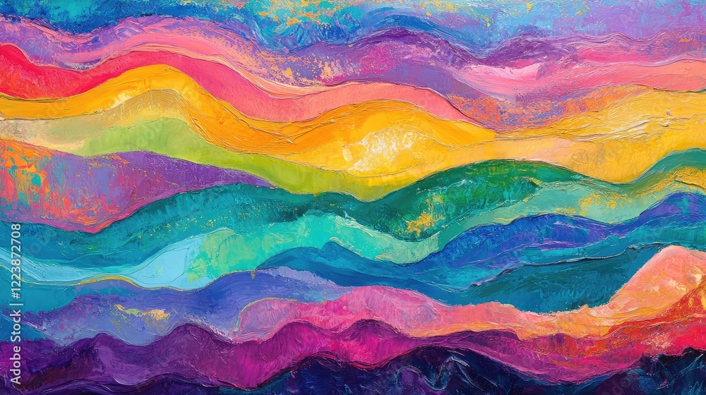 Poster abstract waves in vibrant rainbow colors flowing seamlessly, creating a dynamic and cheerful visual 