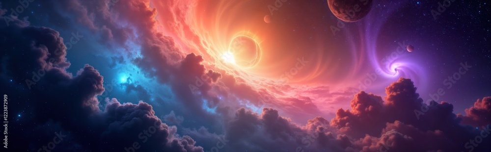 Aufkleber mystical space view shows surreal sky filled with colorful clouds, planets. diverse colors mix in ca