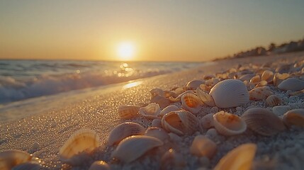 Seashells on sandy beach at sunset. (5)