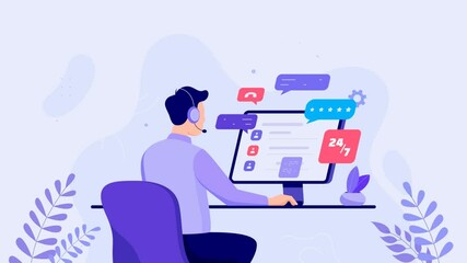 Customer support agent online helpdesk assistance service 24 7 desk computer headset chat messages communication technology response efficiency problem solving support team global assistance