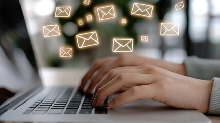 Working with emails and data: visualization of cloud storage, communication via laptop, advanced technologies, network connections, and the future of digital transformation