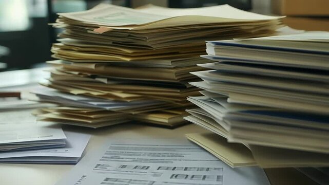 Large piles of vintage paper documents cluttering a desk, illustrating an overflowing archive and the complexities of bureaucratic processes in an office environment